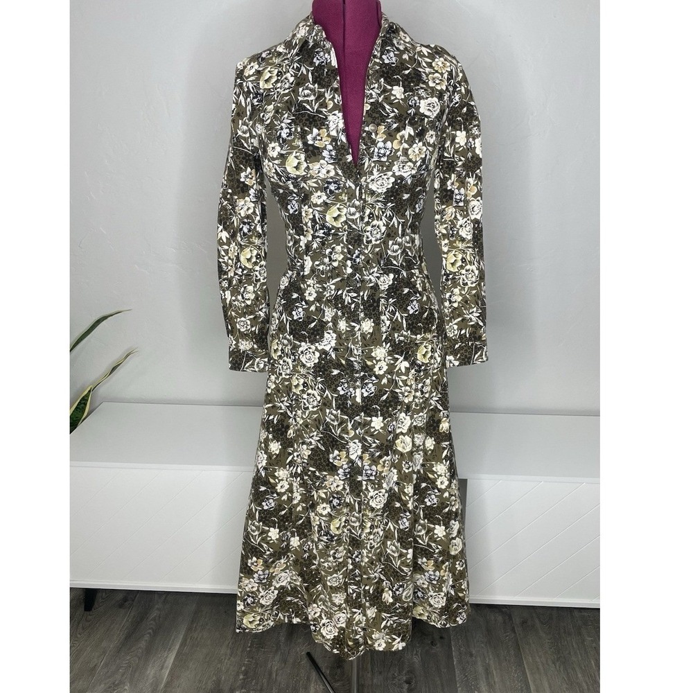 Newport News Jeanology Dress Womens 4 Olive Green Floral Corduroy Maxi